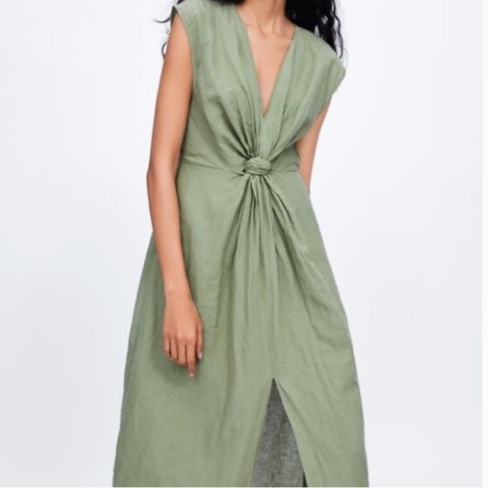 Zara Linen Blend Front Knot Slit Midi Lightweight Coastal Green Dress Size Small - Picture 2 of 12